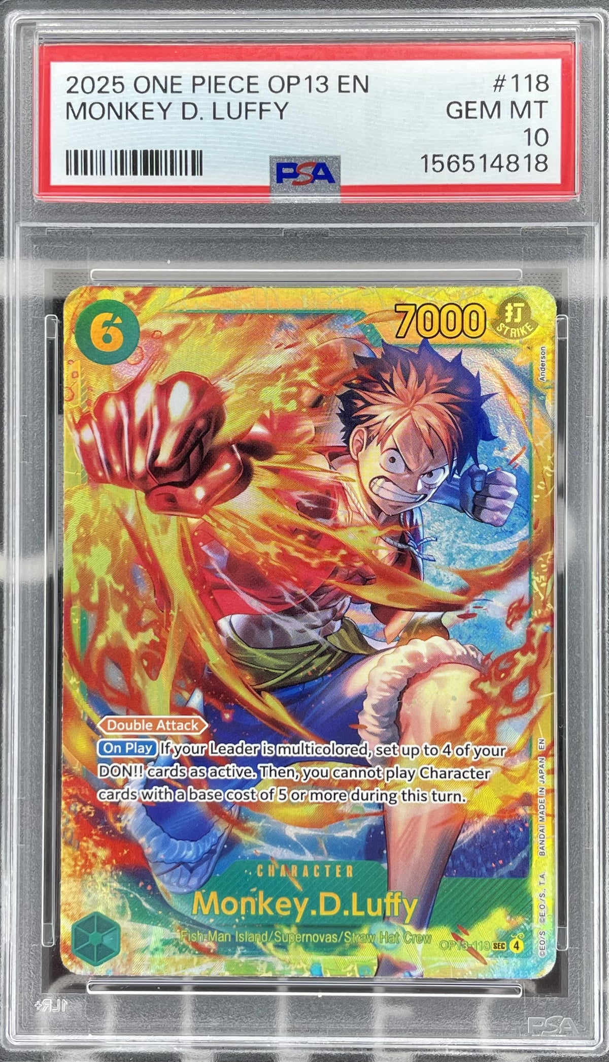 Monkey.D.Luffy Secret Rare SEC OP13-118 from One Piece Carrying on His Will, professionally authenticated and graded PSA 10 Gem Mint.
