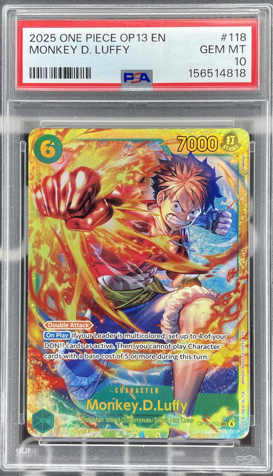Monkey.D.Luffy Secret Rare SEC OP13-118 from One Piece Carrying on His Will, professionally authenticated and graded PSA 10 Gem Mint.