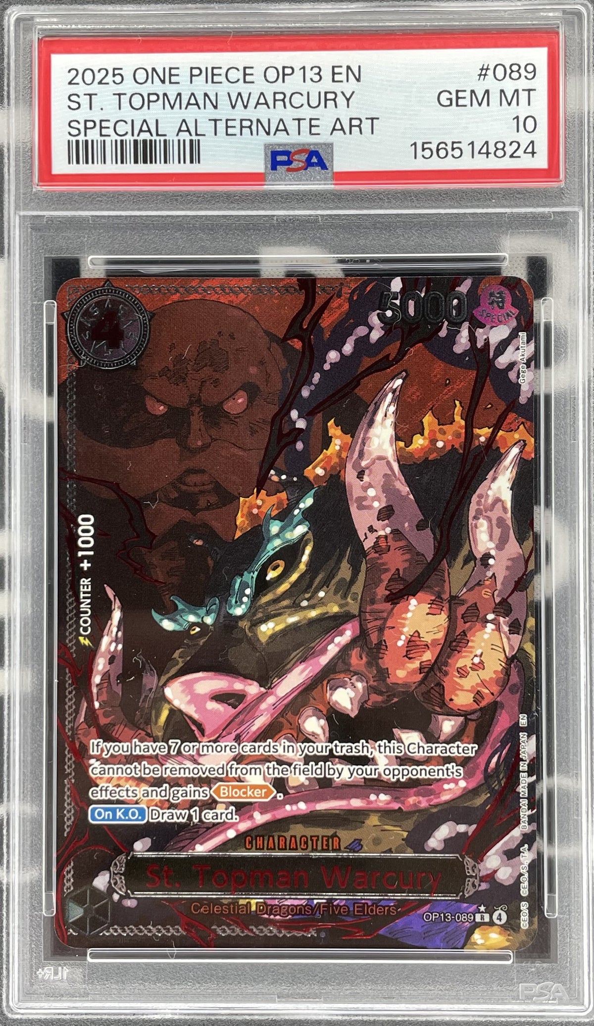 St. Topman Warcury Special Alternate Art OP13-089 from One Piece Carrying on His Will, professionally graded PSA 10 Gem Mint.