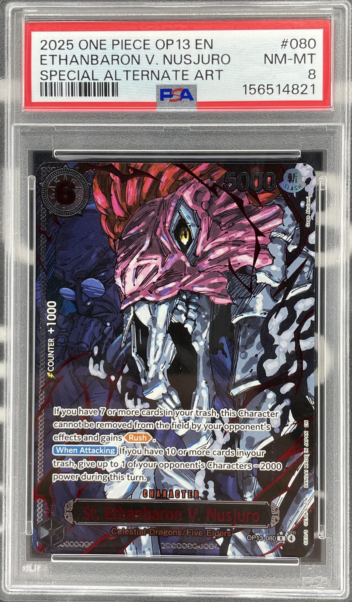 Ethanbaron V. Nusjuro Special Alternate Art OP13-080 from One Piece Carrying on His Will, professionally graded PSA 8 Near Mint-Mint.