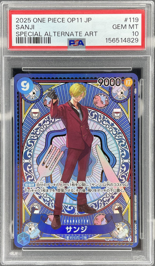 Japanese Sanji Alternate Art OP06-119 Secret Rare from One Piece Wings of the Captain, professionally graded PSA 10 Gem Mint.