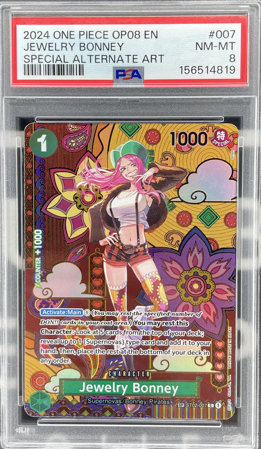 Jewelry Bonney Special Alternate Art SP ST02-007 from One Piece Two Legends OP08, professionally graded PSA 8 Near Mint-Mint.