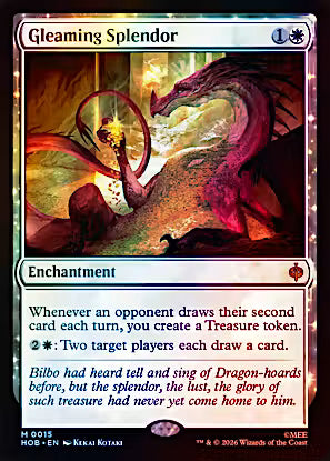 A Magic: The Gathering trading card titled 'Gleaming Splendor' featuring artwork of a red dragon breathing fire, with card text and a blue mana symbol in the top right corner.