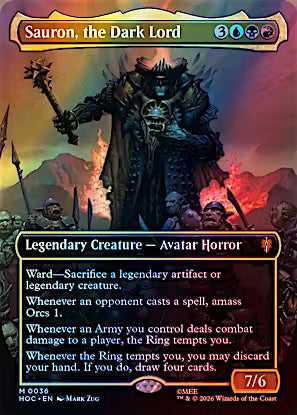 A Magic: The Gathering trading card for 'Sauron, the Dark Lord' from the War of the Coast set. The card features artwork of Sauron holding a mace, with a fiery red and orange background.