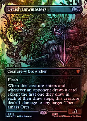 Magic: The Gathering trading card titled 'Orcish Bowmasters' showing two orc archers in a forest scene, with card text and a mana cost of 1 indicated.