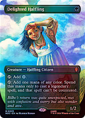 A Magic: The Gathering trading card titled "Delighted Halfling" from the Homebrew expansion. The card features a fantasy illustration of a smiling halfling woman in a white dress against a cloudy sky, with card text and mana cost symbols displayed on a dark green border.