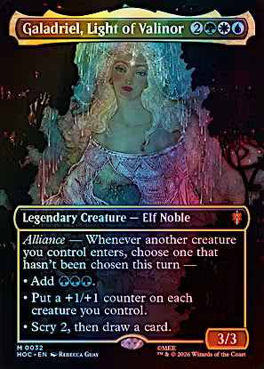 A Magic: The Gathering trading card titled 'Galadriel, Light of Valinor' from the Mists of Valenar set. The card features artwork of an elf woman in a glowing gown, with a dark forest background.