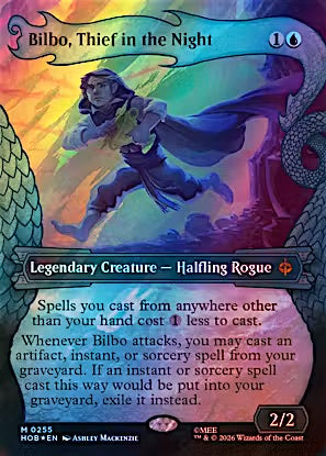 A Magic: The Gathering trading card featuring Bilbo, Thief in the Night, with artwork of Bilbo in a blue cloak against a colorful background of green and purple scales.