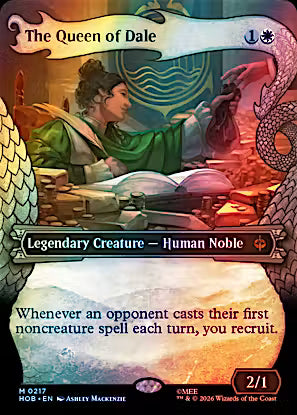 The Queen of Dale Showcase Foil from Magic: The Gathering The Hobbit (HOB) Near Mint Rare legendary Human Noble featuring premium Showcase artwork and foil finish.