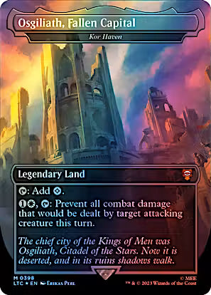 Osgiliath, Fallen Capital – Kor Haven Borderless Surge Foil #398 from Commander: The Lord of the Rings (LTC), Near Mint Mythic Rare Magic: The Gathering Legendary Land.