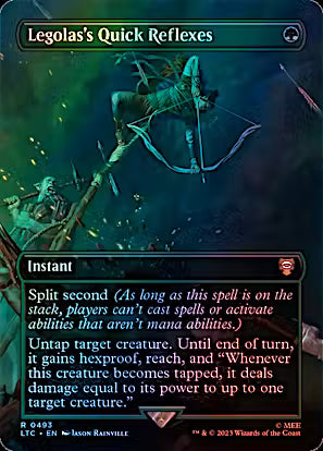 Legolas's Quick Reflexes Borderless Foil #493 from Commander: The Lord of the Rings: Tales of Middle-earth (LTC), Near Mint Rare Magic: The Gathering instant.