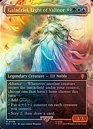 A Magic: The Gathering trading card titled 'Galadriel, Light of Valinor' featuring artwork of a glowing female elf in flowing white and blue robes against a warm multicolored background. The card has a dark brown border with text boxes and mana cost symbols.
