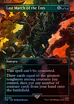 Magic: The Gathering trading card titled "Last March of the Ents" showing fantasy artwork of a large tree-like creature in a fiery landscape, with card text and mana cost symbols visible.