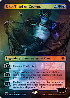 Magic: The Gathering trading card for 'Oko, Thief of Crowns' from the Eldraine set. The card features a blue-green iridescent frame, an illustration of a skeletal crow-like figure, and rules text for a planeswalker creature.