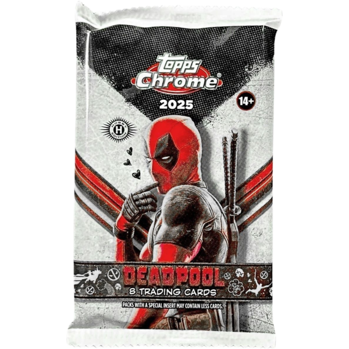 2025 Topps Chrome Deadpool Trading Cards Hobby Pack containing 8 premium Chrome trading cards featuring Deadpool and Marvel characters.