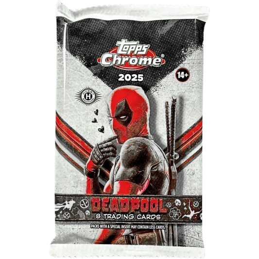 2025 Topps Chrome Deadpool Trading Cards Hobby Pack containing 8 premium Chrome trading cards featuring Deadpool and Marvel characters.