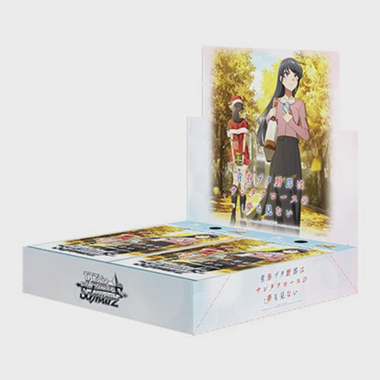 Weiss Schwarz Rascal Does Not Dream of Santa Claus English Edition Booster Box containing 10 packs of 8 cards and one exclusive Going First/Going Second promotional card.
